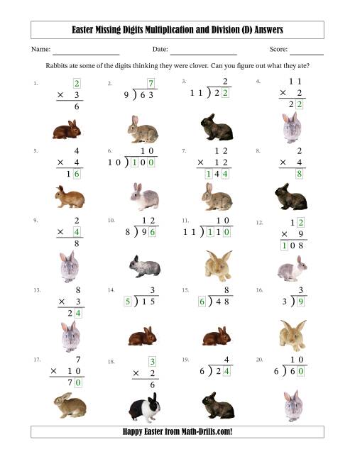 The Easter Missing Digits Multiplication and Division (Easier Version) (D) Math Worksheet Page 2