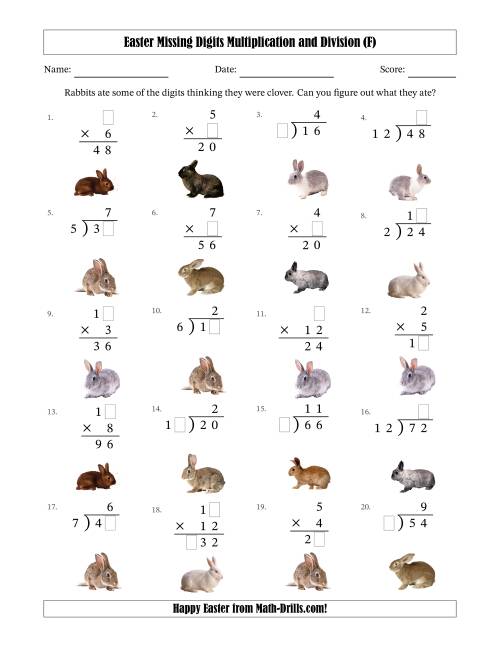 The Easter Missing Digits Multiplication and Division (Easier Version) (F) Math Worksheet