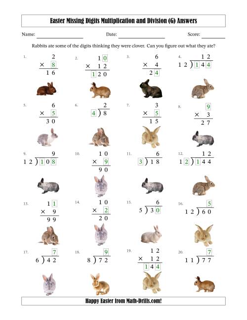 The Easter Missing Digits Multiplication and Division (Easier Version) (G) Math Worksheet Page 2