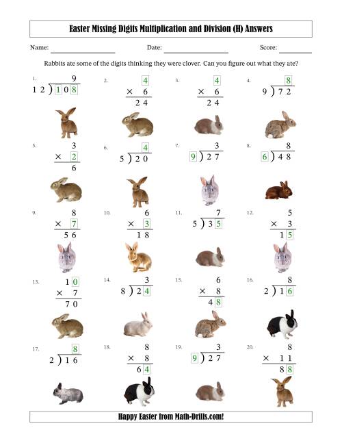 The Easter Missing Digits Multiplication and Division (Easier Version) (H) Math Worksheet Page 2