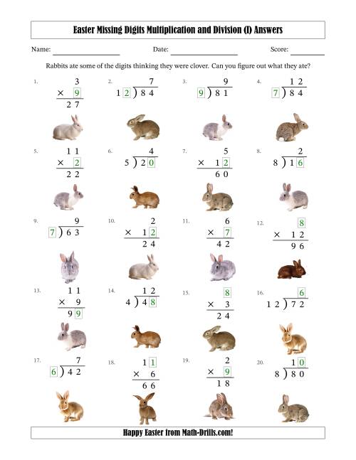 The Easter Missing Digits Multiplication and Division (Easier Version) (I) Math Worksheet Page 2