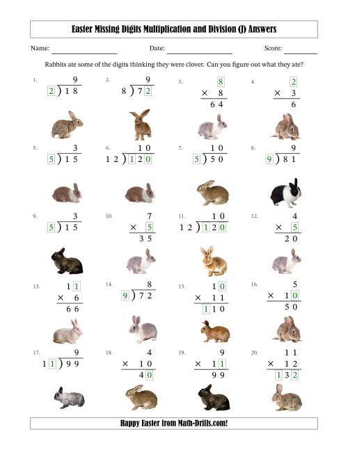 The Easter Missing Digits Multiplication and Division (Easier Version) (J) Math Worksheet Page 2