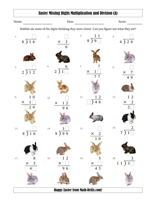 The Easter Missing Digits Multiplication and Division (Easier Version) (All) Math Worksheet