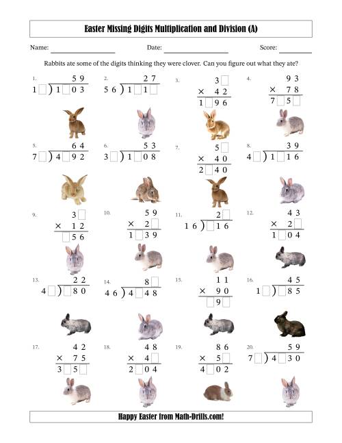 The Easter Missing Digits Multiplication and Division (Harder Version) (A) Math Worksheet