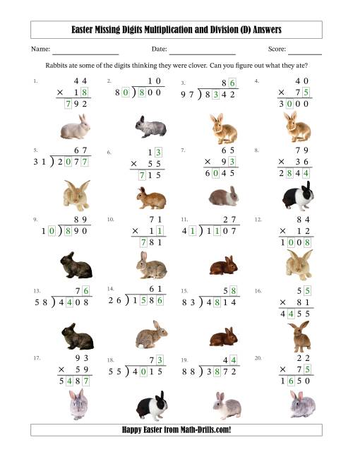 The Easter Missing Digits Multiplication and Division (Harder Version) (D) Math Worksheet Page 2