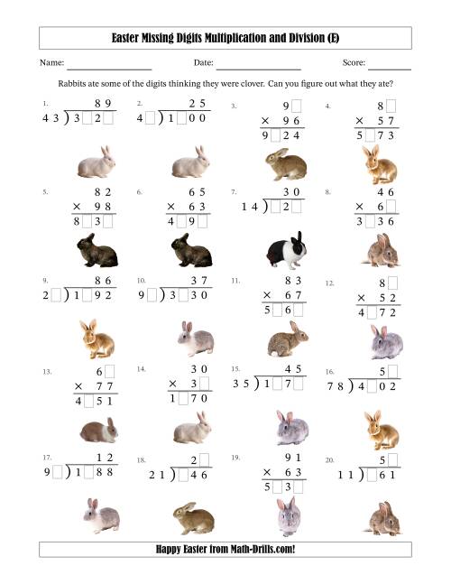 The Easter Missing Digits Multiplication and Division (Harder Version) (E) Math Worksheet