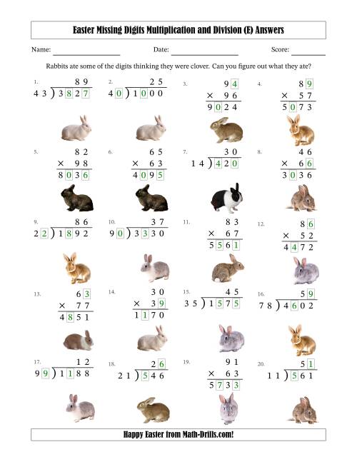 The Easter Missing Digits Multiplication and Division (Harder Version) (E) Math Worksheet Page 2