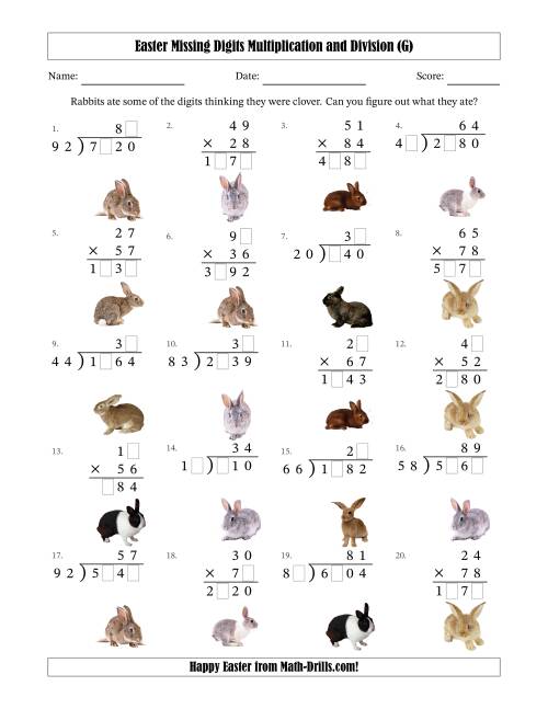 The Easter Missing Digits Multiplication and Division (Harder Version) (G) Math Worksheet