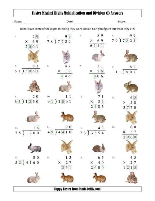 The Easter Missing Digits Multiplication and Division (Harder Version) (I) Math Worksheet Page 2
