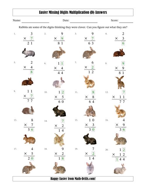 The Easter Missing Digits Multiplication (Easier Version) (D) Math Worksheet Page 2