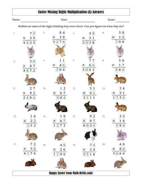 The Easter Missing Digits Multiplication (Harder Version) (All) Math Worksheet Page 2