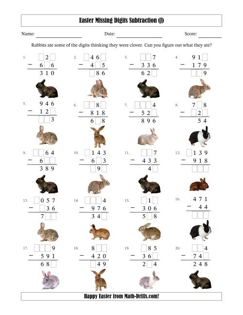 The Easter Missing Digits Subtraction (Easier Version) (J) Math Worksheet