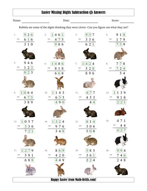 The Easter Missing Digits Subtraction (Easier Version) (J) Math Worksheet Page 2