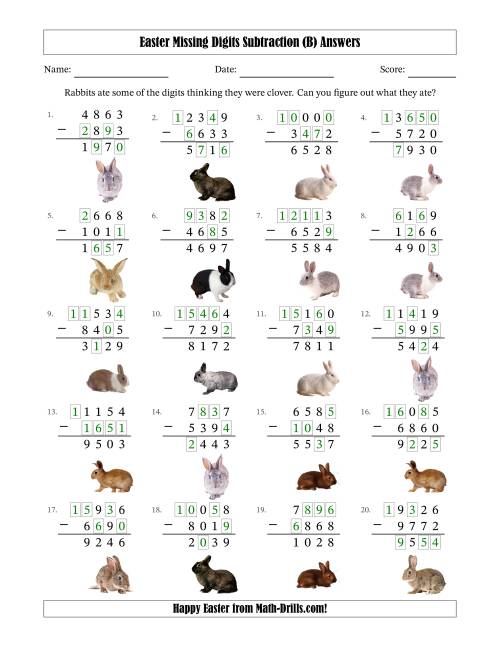 The Easter Missing Digits Subtraction (Harder Version) (B) Math Worksheet Page 2