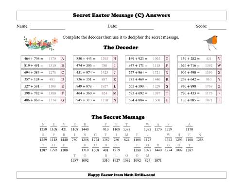 The Secret Easter Message Three-Digit Addition Spring Math Worksheet Page 2