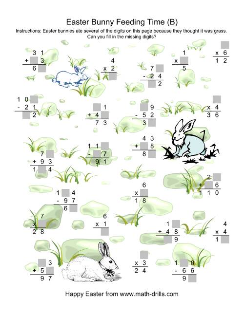 The Easter Bunny Feeding Time -- Mixed Operations Missing Digits (B) Math Worksheet