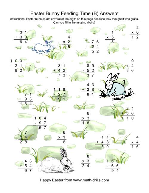 The Easter Bunny Feeding Time -- Mixed Operations Missing Digits (B) Math Worksheet Page 2