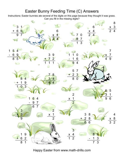 The Easter Bunny Feeding Time -- Mixed Operations Missing Digits (C) Math Worksheet Page 2