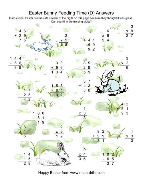 The Easter Bunny Feeding Time -- Mixed Operations Missing Digits (D) Math Worksheet Page 2
