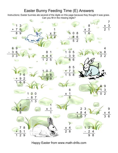 The Easter Bunny Feeding Time -- Mixed Operations Missing Digits (E) Math Worksheet Page 2