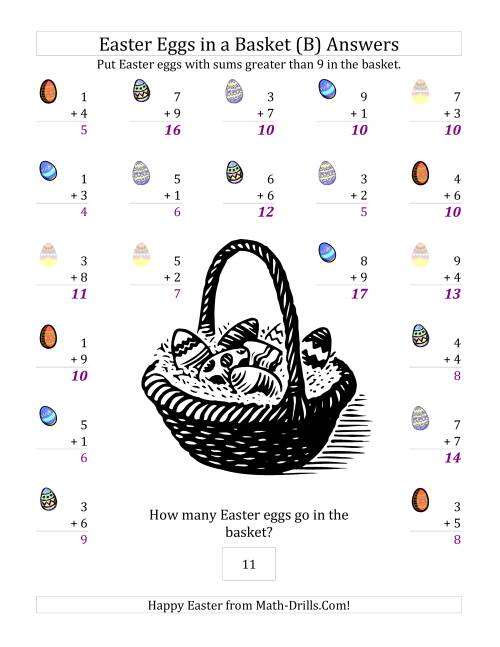 The Easter Addition Sums to 18 (B) Math Worksheet Page 2