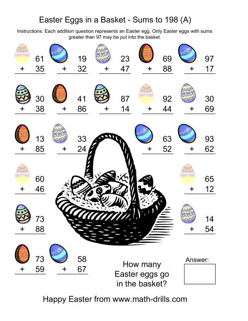 The Easter Addition Sums to 198 (Old) Math Worksheet