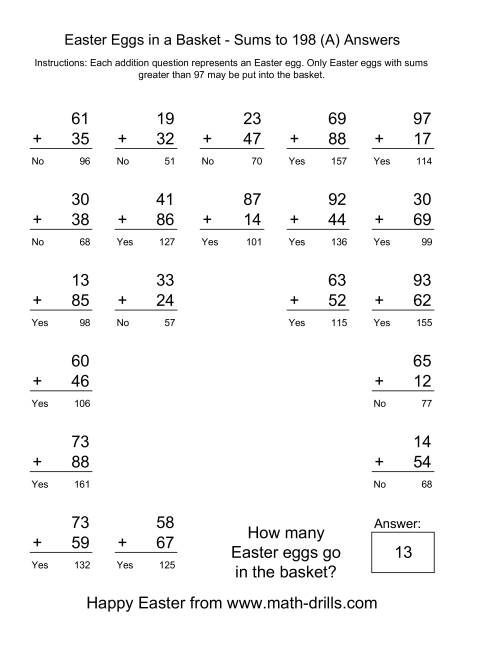 The Easter Addition Sums to 198 (Old) Math Worksheet Page 2