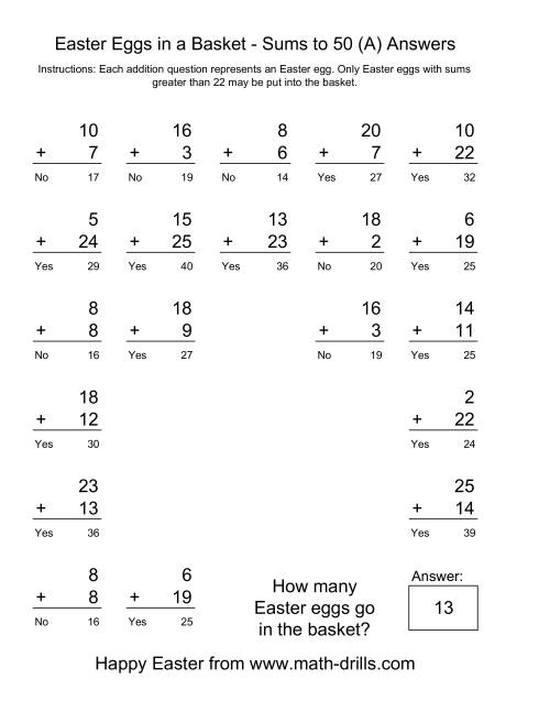 The Easter Addition Sums to 50 (Old) Math Worksheet Page 2