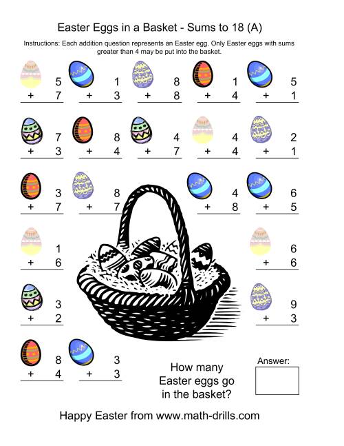 The Easter Addition Sums to 18 (Old) Math Worksheet