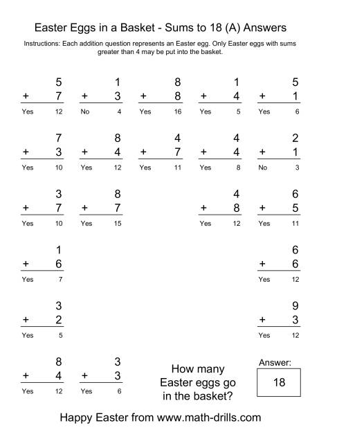 The Easter Addition Sums to 18 (Old) Math Worksheet Page 2
