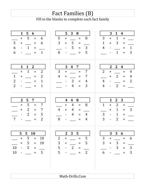The Addition and Subtraction Relationships with Sums to 10 (B) Math Worksheet