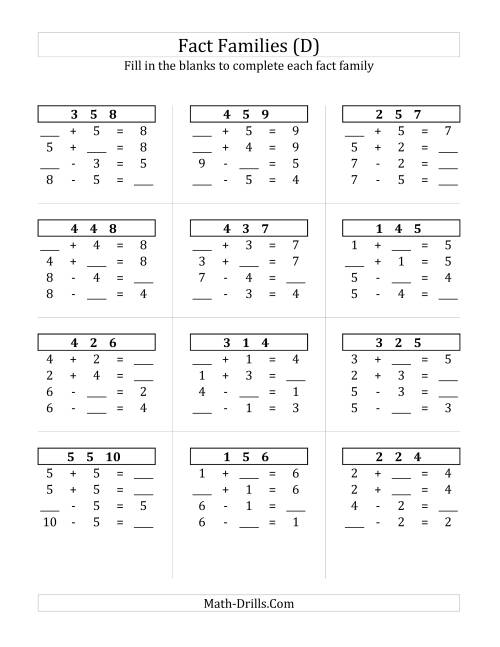 The Addition and Subtraction Relationships with Sums to 10 (D) Math Worksheet