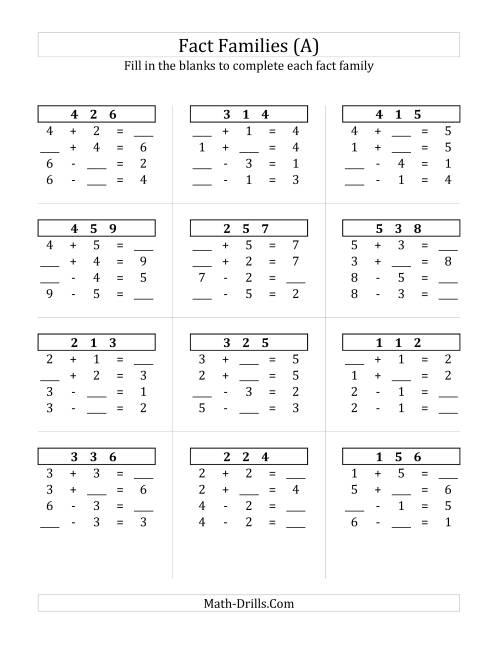 The Addition and Subtraction Relationships with Sums to 10 (All) Math Worksheet
