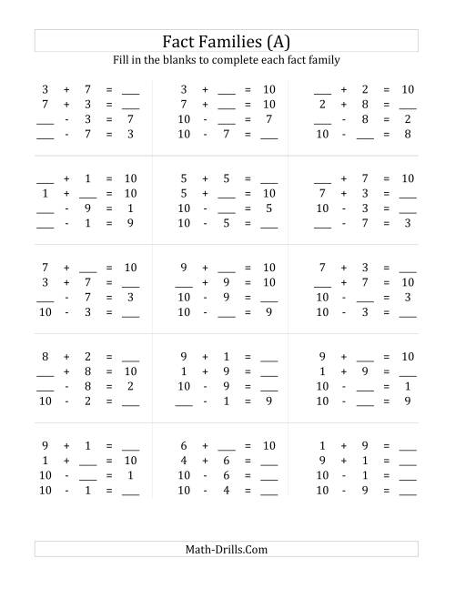 The Addition and Subtraction Relationships with Families that Add to 10 (All) Math Worksheet