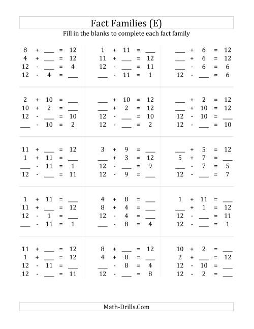 The Addition and Subtraction Relationships with Families that Add to 12 (E) Math Worksheet