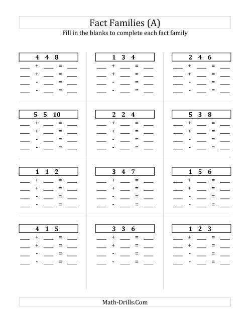 The Addition and Subtraction Relationships with Sums to 10 and All Blank (A) Math Worksheet