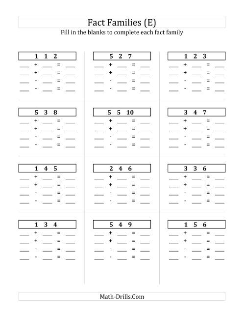 The Addition and Subtraction Relationships with Sums to 10 and All Blank (E) Math Worksheet