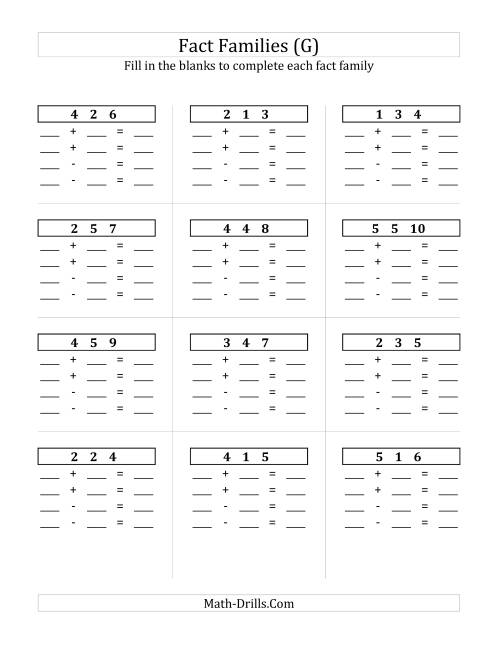 The Addition and Subtraction Relationships with Sums to 10 and All Blank (G) Math Worksheet