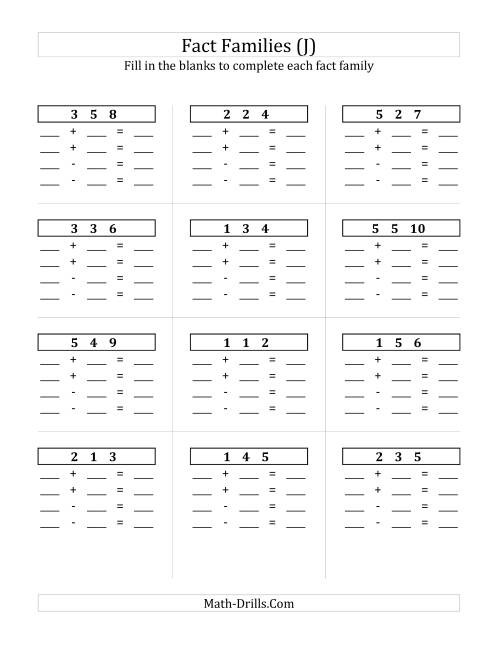 The Addition and Subtraction Relationships with Sums to 10 and All Blank (J) Math Worksheet