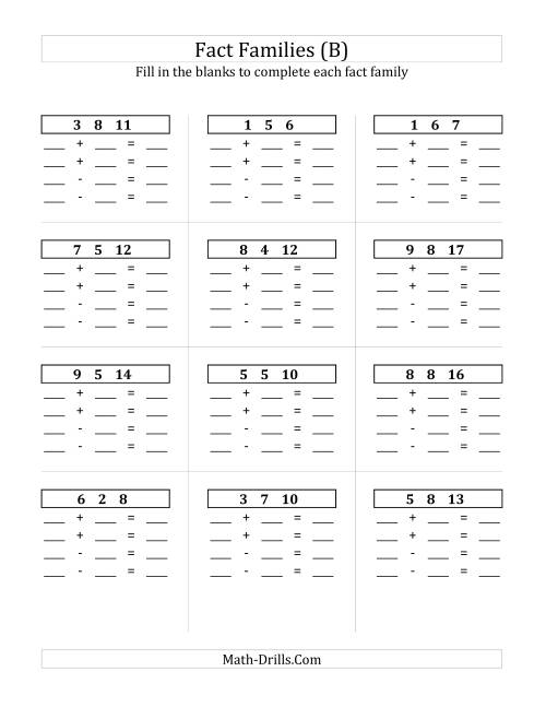 The Addition and Subtraction Relationships with Sums to 18 and All Blank (B) Math Worksheet