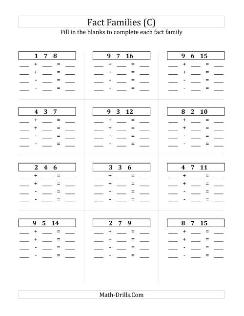 The Addition and Subtraction Relationships with Sums to 18 and All Blank (C) Math Worksheet