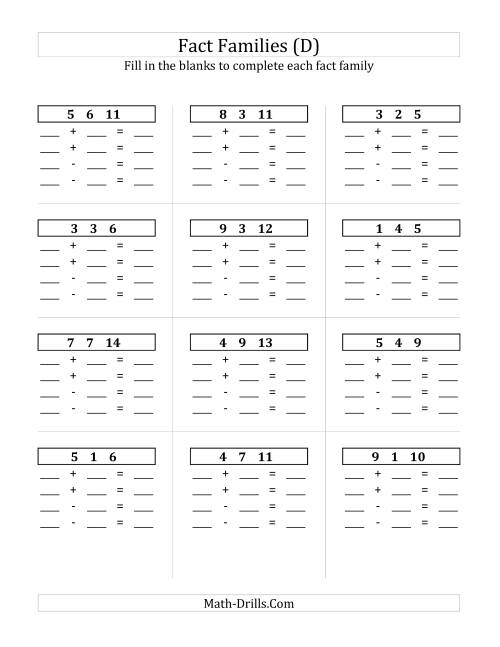The Addition and Subtraction Relationships with Sums to 18 and All Blank (D) Math Worksheet