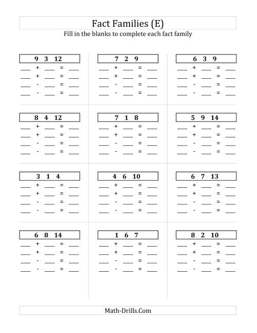 The Addition and Subtraction Relationships with Sums to 18 and All Blank (E) Math Worksheet