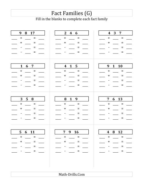 The Addition and Subtraction Relationships with Sums to 18 and All Blank (G) Math Worksheet