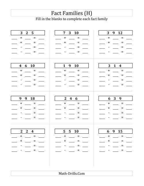 The Addition and Subtraction Relationships with Sums to 18 and All Blank (H) Math Worksheet