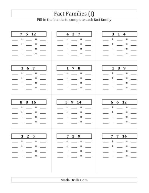 The Addition and Subtraction Relationships with Sums to 18 and All Blank (I) Math Worksheet