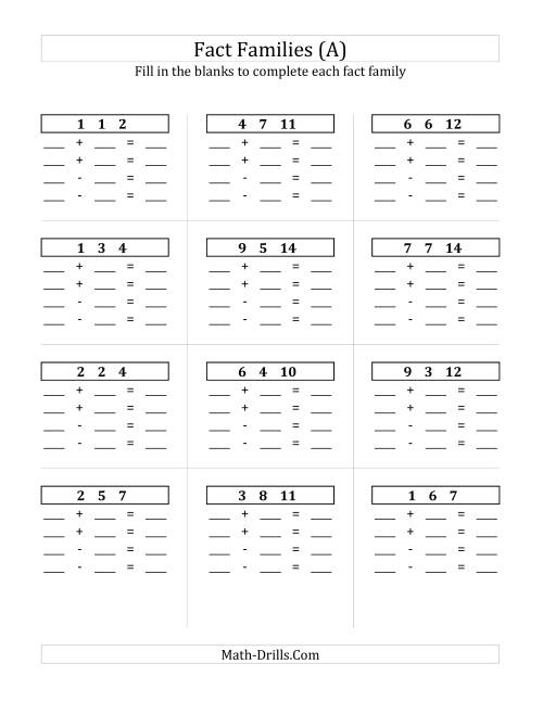 The Addition and Subtraction Relationships with Sums to 18 and All Blank (All) Math Worksheet