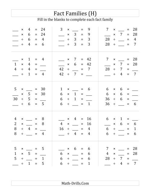 The Multiplication and Division Relationships with Products to 49 (H) Math Worksheet