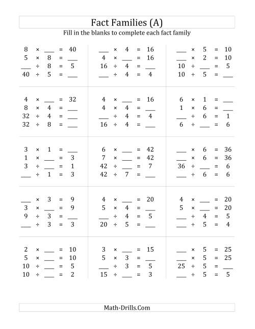 The Multiplication and Division Relationships with Products to 64 (A) Math Worksheet