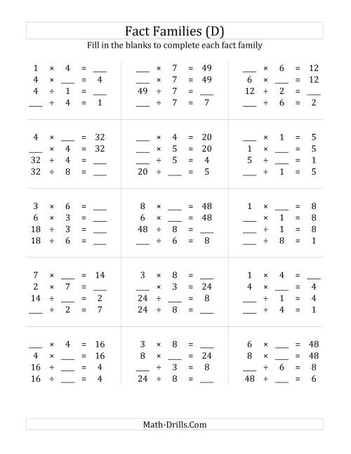 The Multiplication and Division Relationships with Products to 64 (D) Math Worksheet